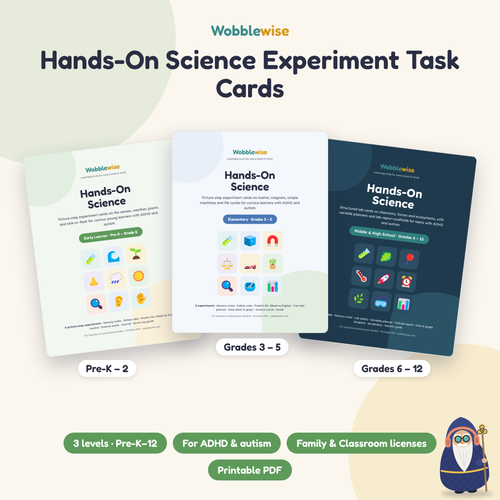 Hands-On Science Experiment Task Cards cover with the Wobblewise Wiseman
